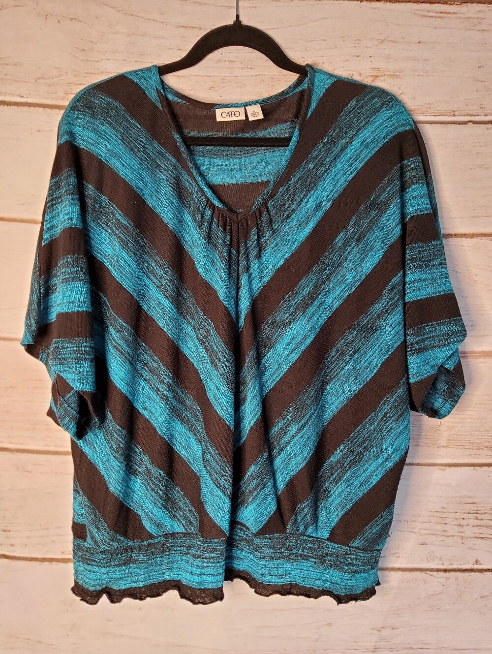 Cato Teal and Black Diagonal Stripe V-Neck Tunic